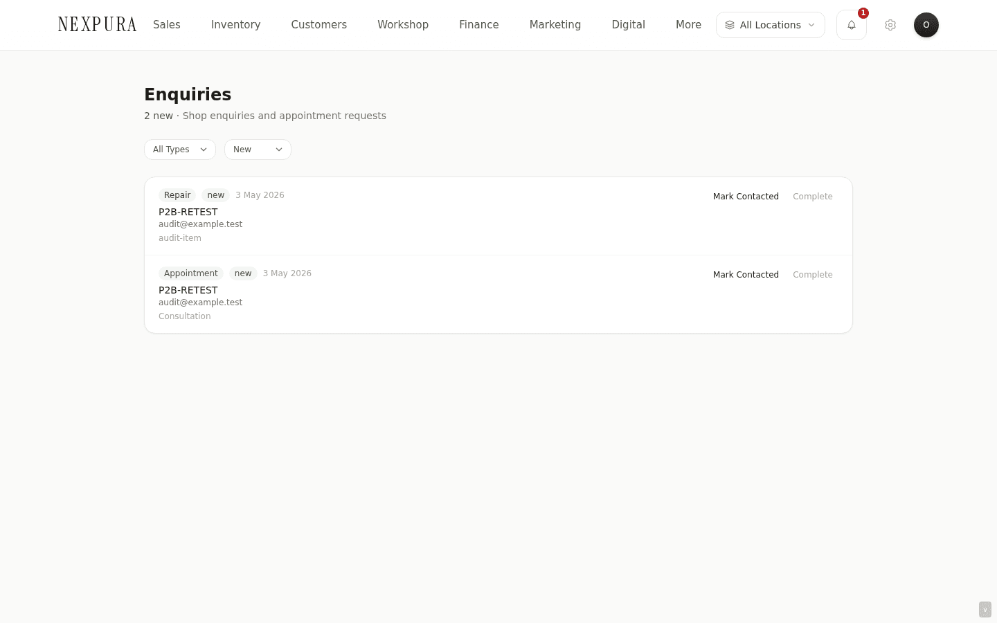 /enquiries inbox — top header with '3 new' count + 'Shop enquiries and appointment requests' subhead, Type and Status filter dropdowns beneath, a list of four enquiry rows with type pill (general / repair / appointment) and status pill (New / Contacted), customer name and message preview.