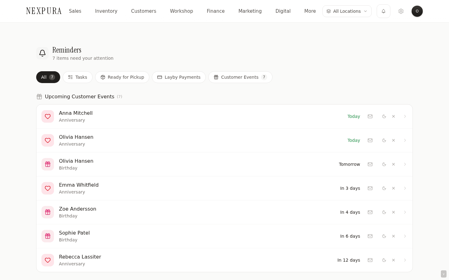 /reminders page — H1 'Reminders' with subtitle 'Stay on top of what needs your attention', then category panels: My tasks due / Repairs ready for collection / Bespoke jobs ready / Layby payments due / Birthdays this month / Anniversaries this month. Each panel shows a count badge and a list of cards beneath, with Dismiss + Snooze affordances per card.