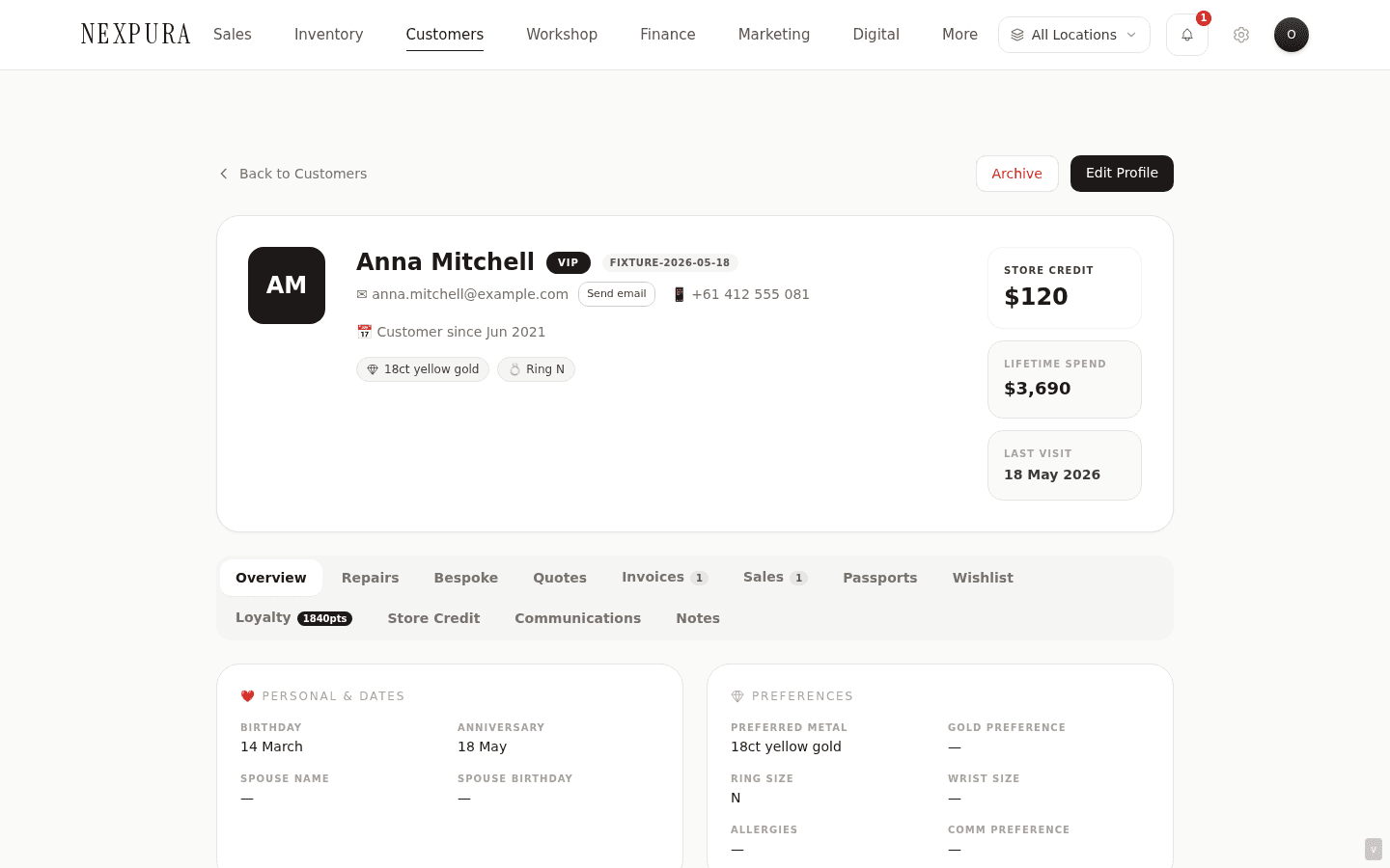 Customer detail page, Notes tab — polymorphic notes timeline rendering chronologically, each note card carries author + timestamp + body, edit + delete affordances on author's own notes (admins see them on all notes), 'Add a note' textarea at the bottom with Save Note button.