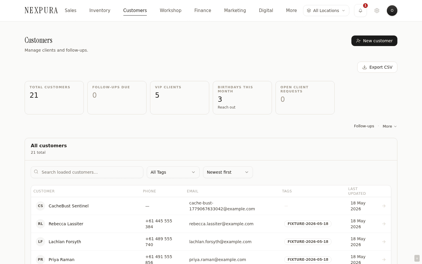 /customers list page — Customers H1 with 'Manage clients and follow-ups' subtitle, New customer + Export CSV CTAs top-right, five-column KPI strip (Total / Follow-ups due / VIP clients / Birthdays this month / Open client requests), then a Follow-ups + More dropdown row, then the customer table.