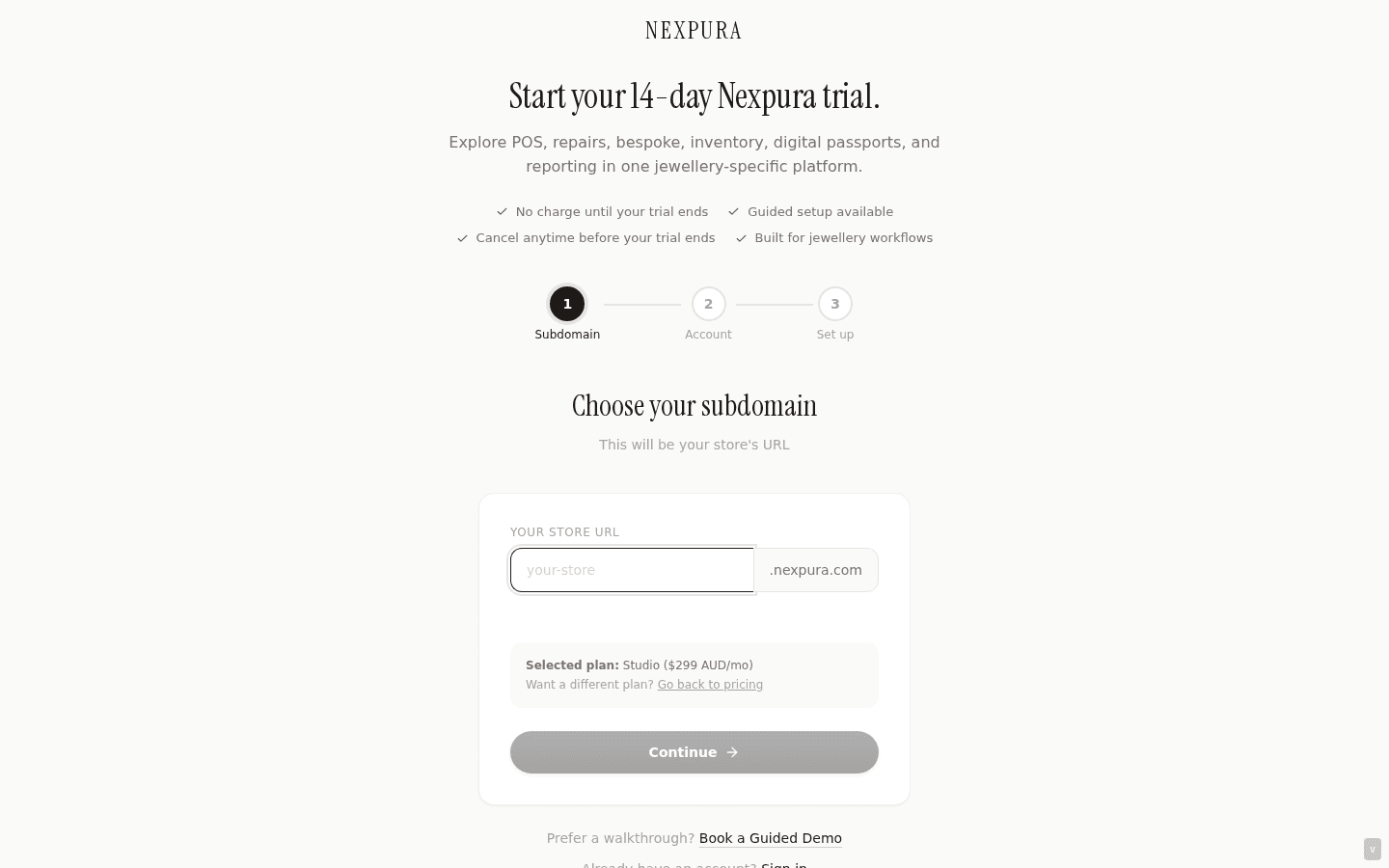 Step 1 of signup with the subdomain field. The availability check fires automatically as you type.