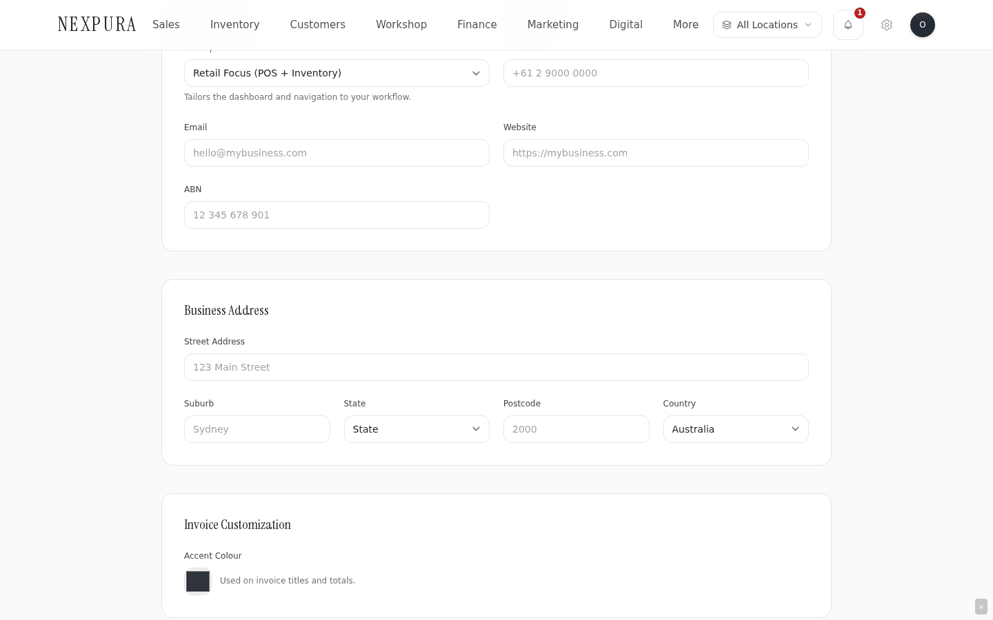 Business address fields. State dropdown shows the eight Australian options when the country is Australia.
