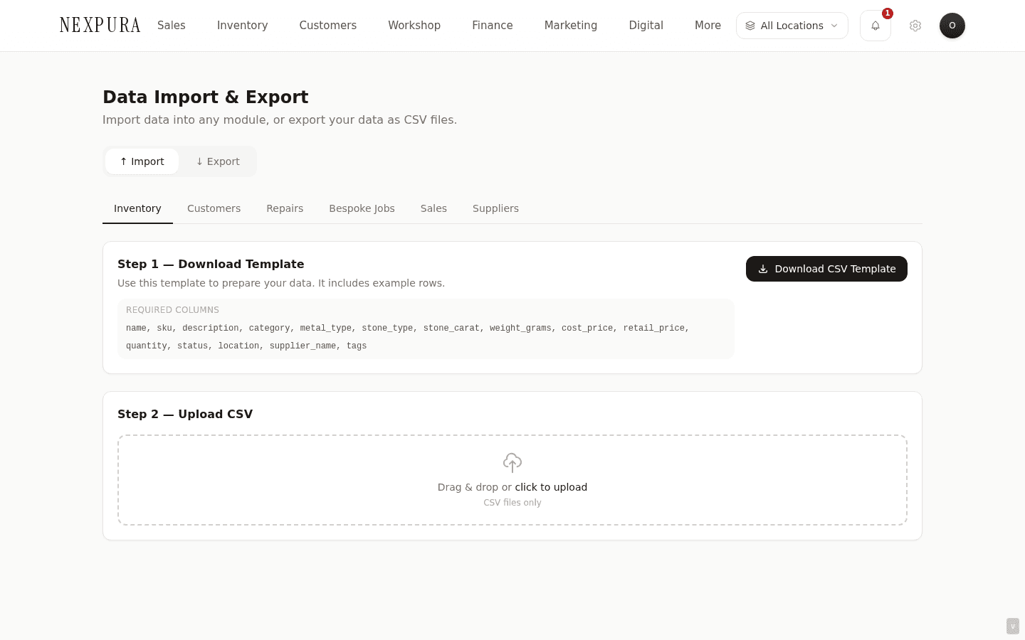 The /settings/import page with the Inventory tab active and the Download template button visible.