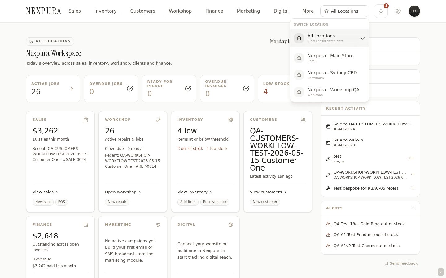 Dashboard header with the location switcher expanded, showing the new location at the top.