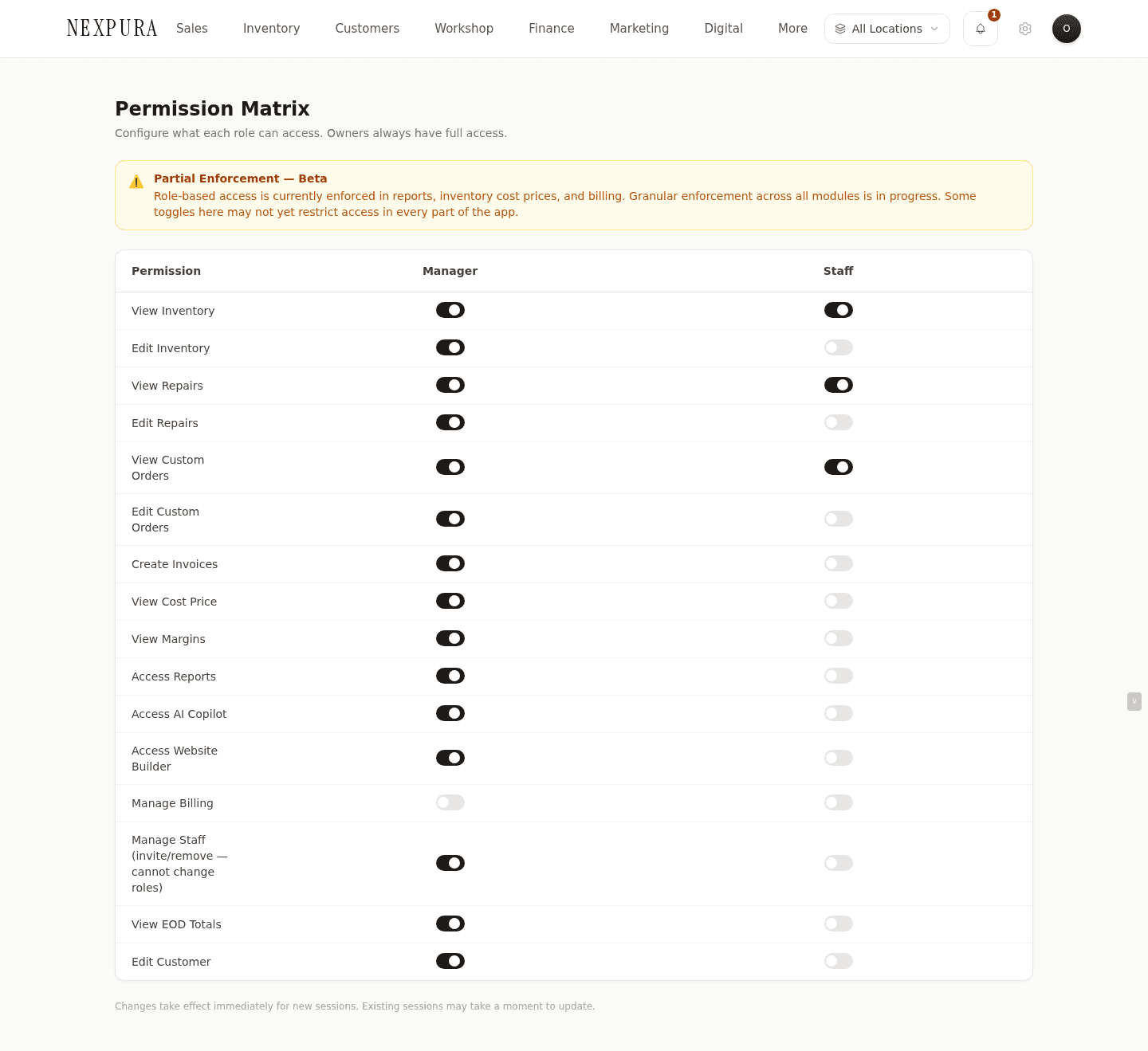 The permission matrix on /settings/team/permissions with permission rows × role columns of checkboxes.