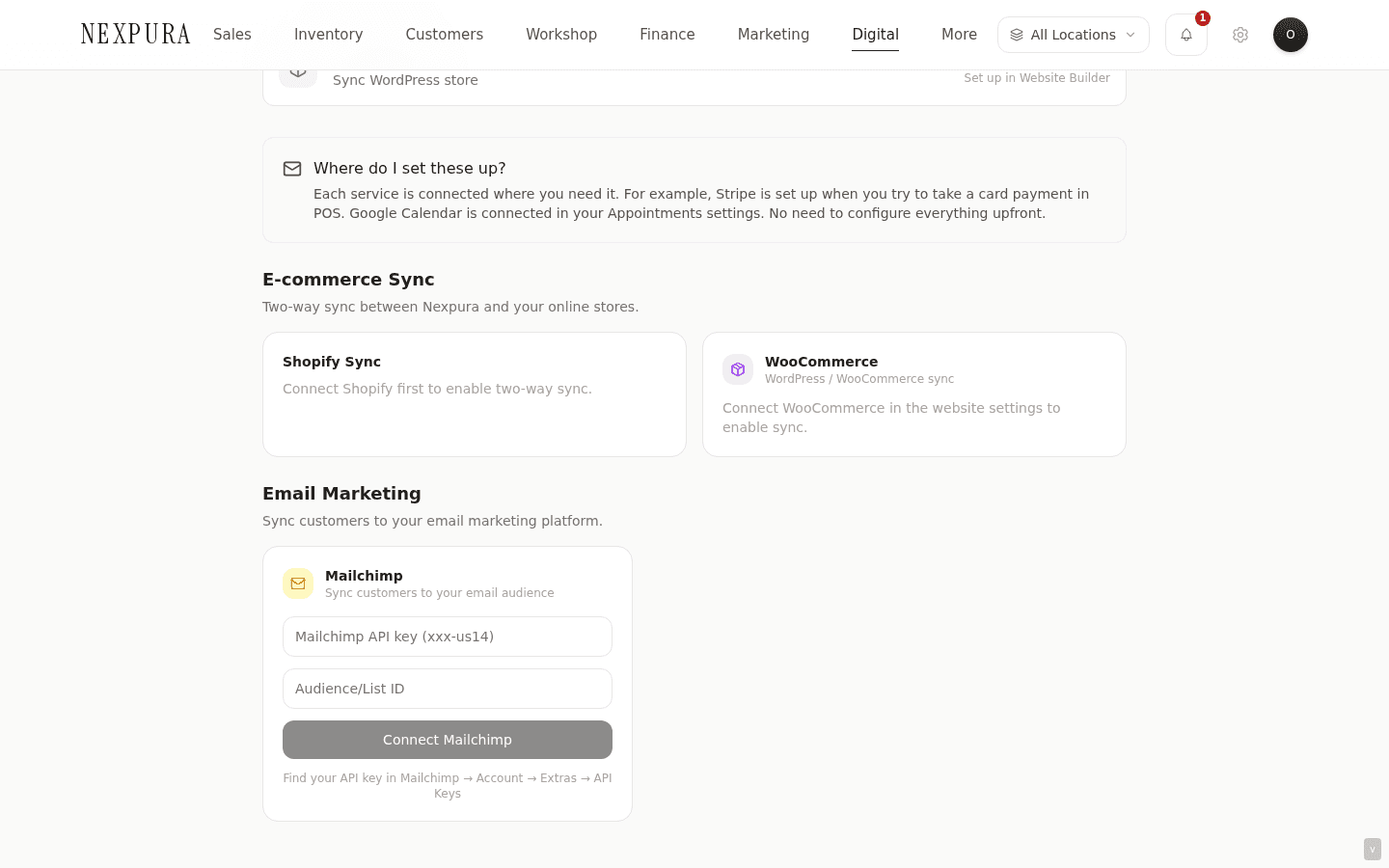 The Mailchimp panel in the Email Marketing section of /integrations — two input fields and the Connect Mailchimp button. The helper text underneath points at where in Mailchimp to find the API key.