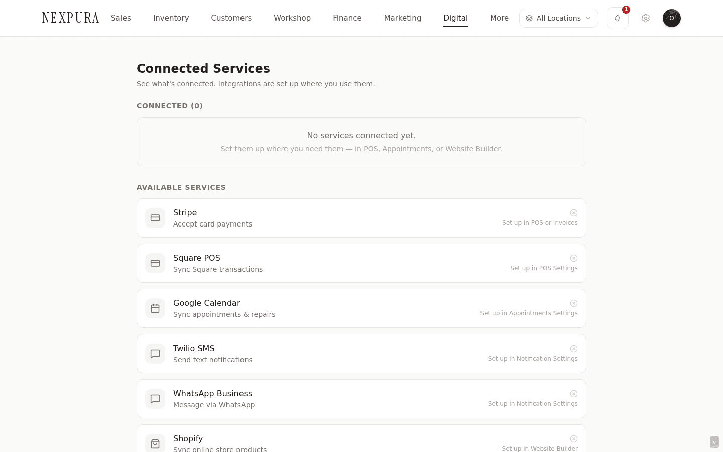 The /integrations Connected Services page showing the at-a-glance: a Connected section with what's hooked up today (with last-sync timestamps) and an Available Services section with the in-product location where each one is configured.