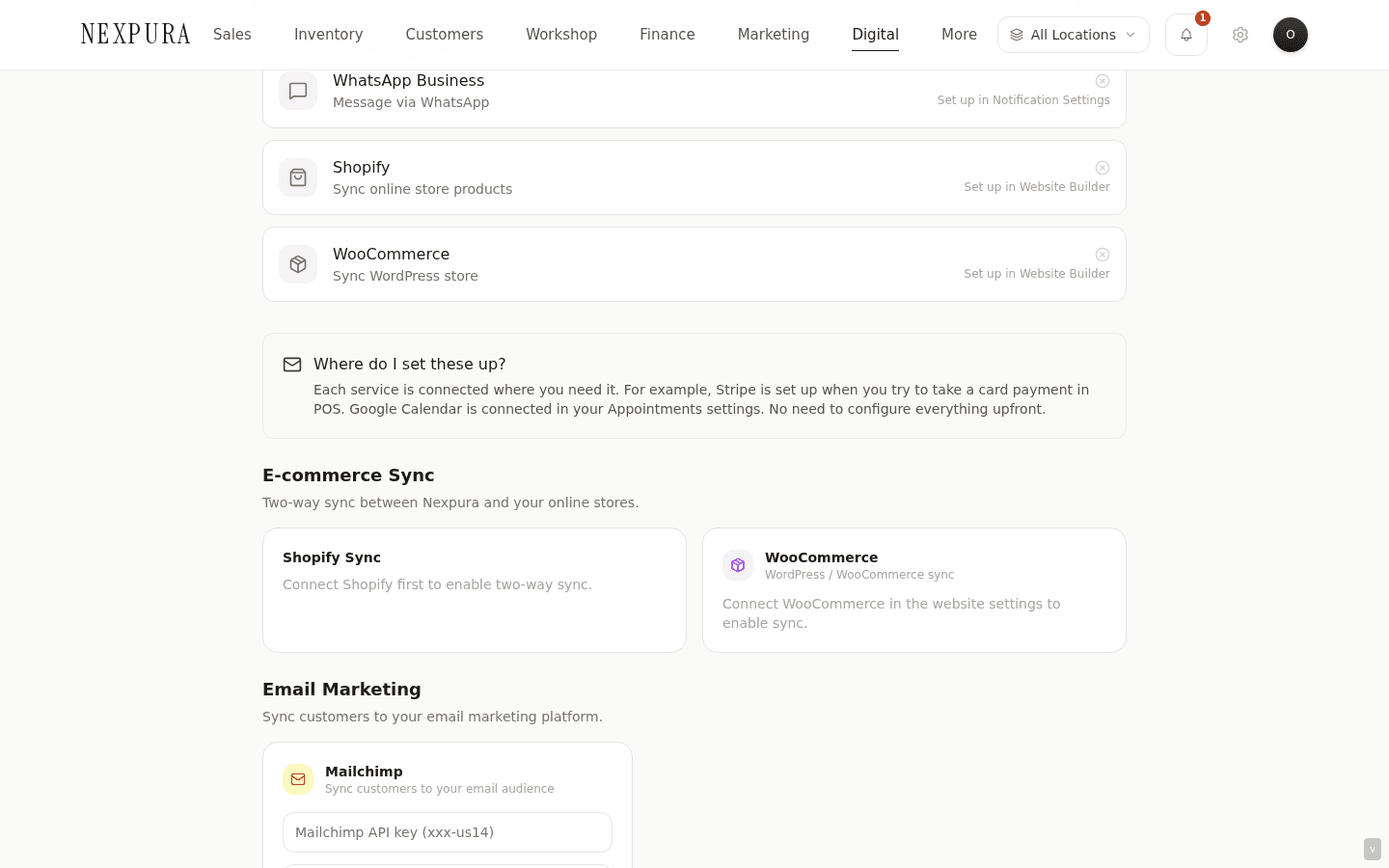 The Shopify Two-Way Sync panel from /integrations: Import Products / Customers / Orders buttons across the top, Push Inventory to Shopify at the bottom, last-sync timestamp in the header.