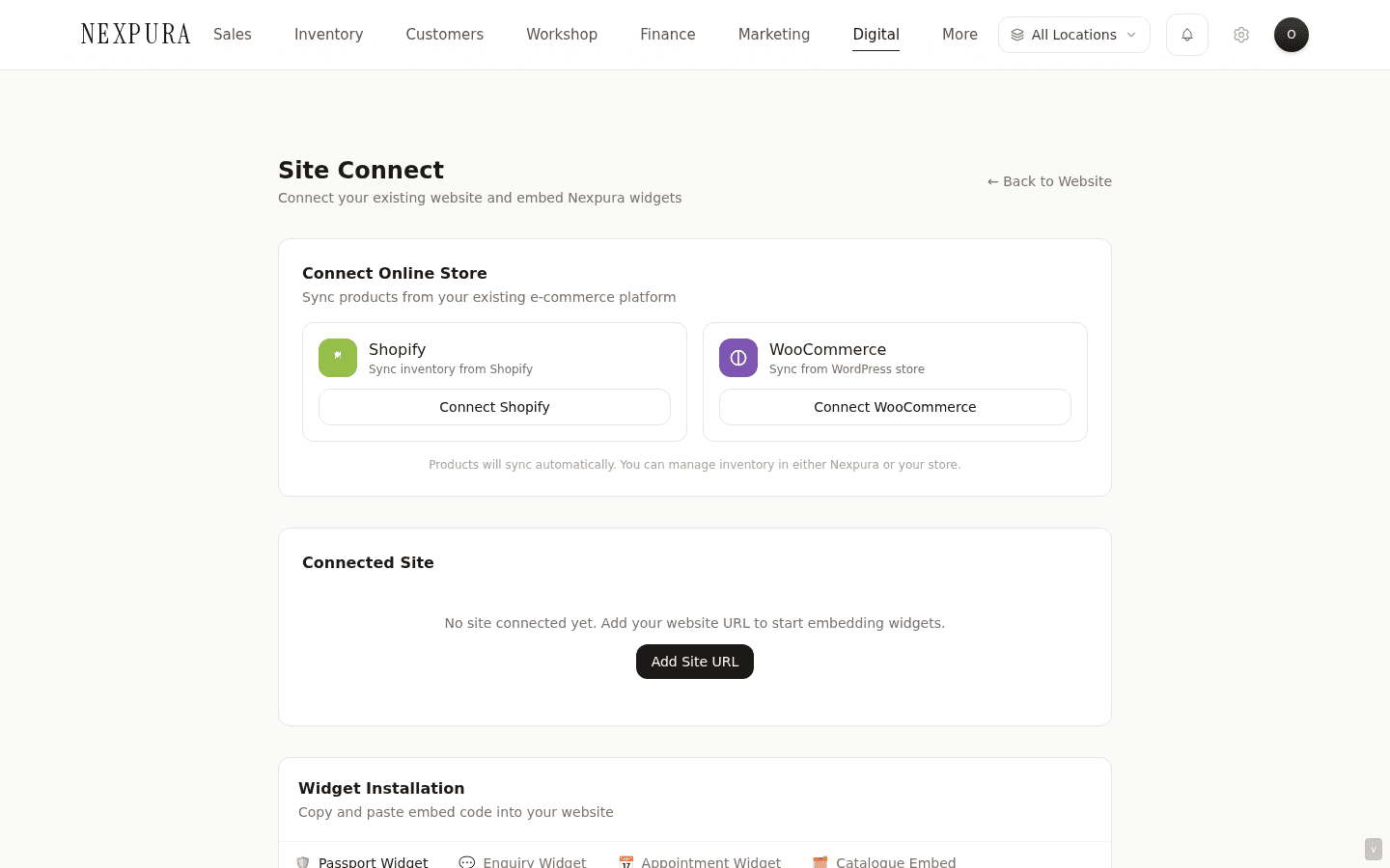 The /website/connect page showing the Shopify and WooCommerce cards side by side. Shopify card has a Connect button; clicking it starts the OAuth flow.