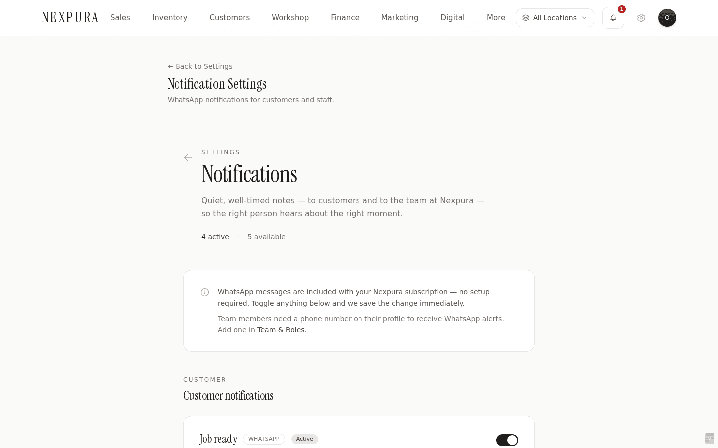 The /settings/notifications page showing the four notification-category toggles. Each row carries the toggle, a description of what the category covers, and the current state.