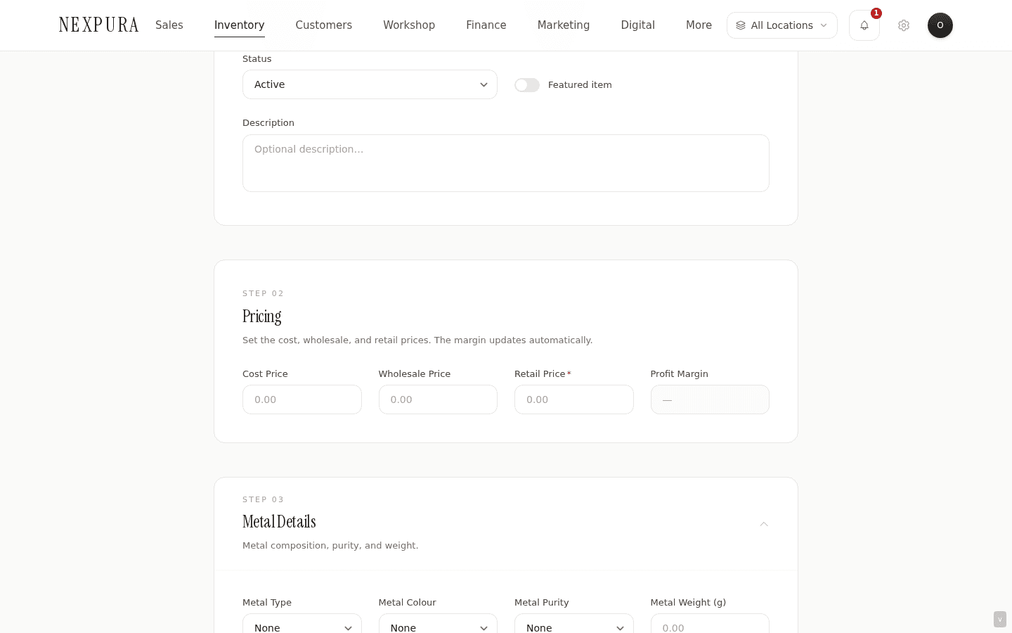 Step 02 — Pricing. Three fields side by side. If retail is set below cost a warning panel paints, and submit prompts a confirm.