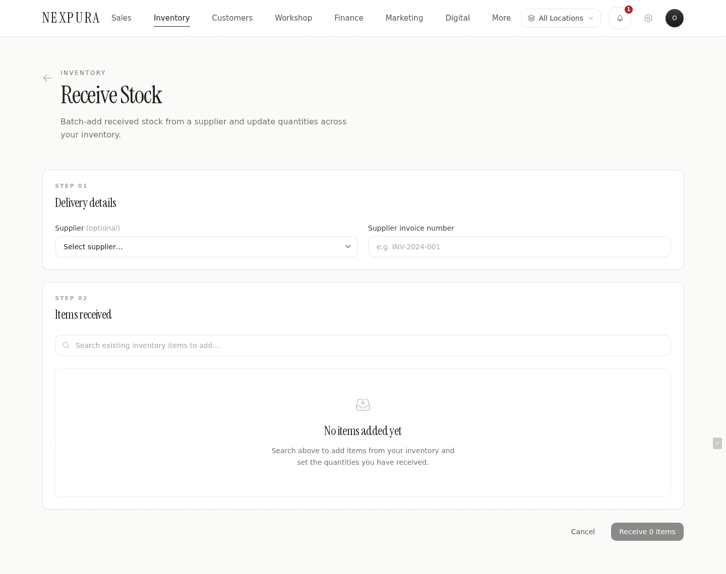 The /inventory/receive page with both step cards visible. Top one is delivery details; lower one is the item search and add list.