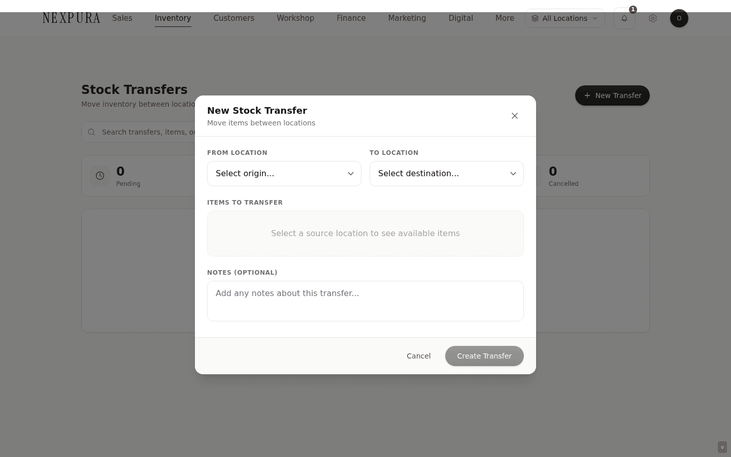 New Transfer modal with the source/destination dropdowns at the top, the item picker below with two lines added, and the notes textarea at the bottom.