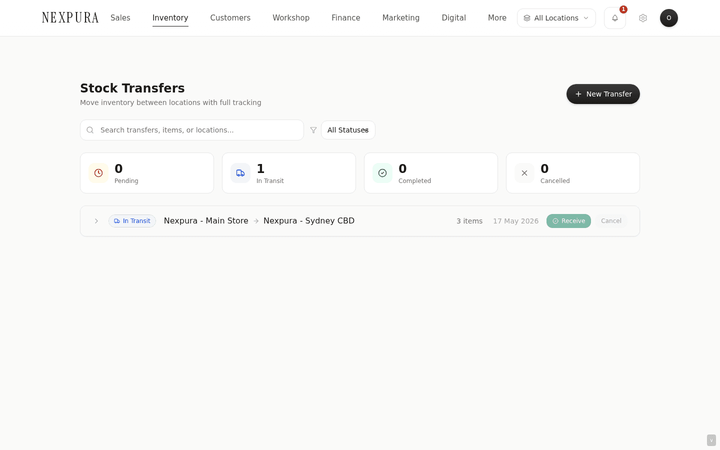 The Receive modal with per-line received-quantity inputs defaulted to dispatched quantity. Type a lower number on any line if part of the shipment didn't arrive.