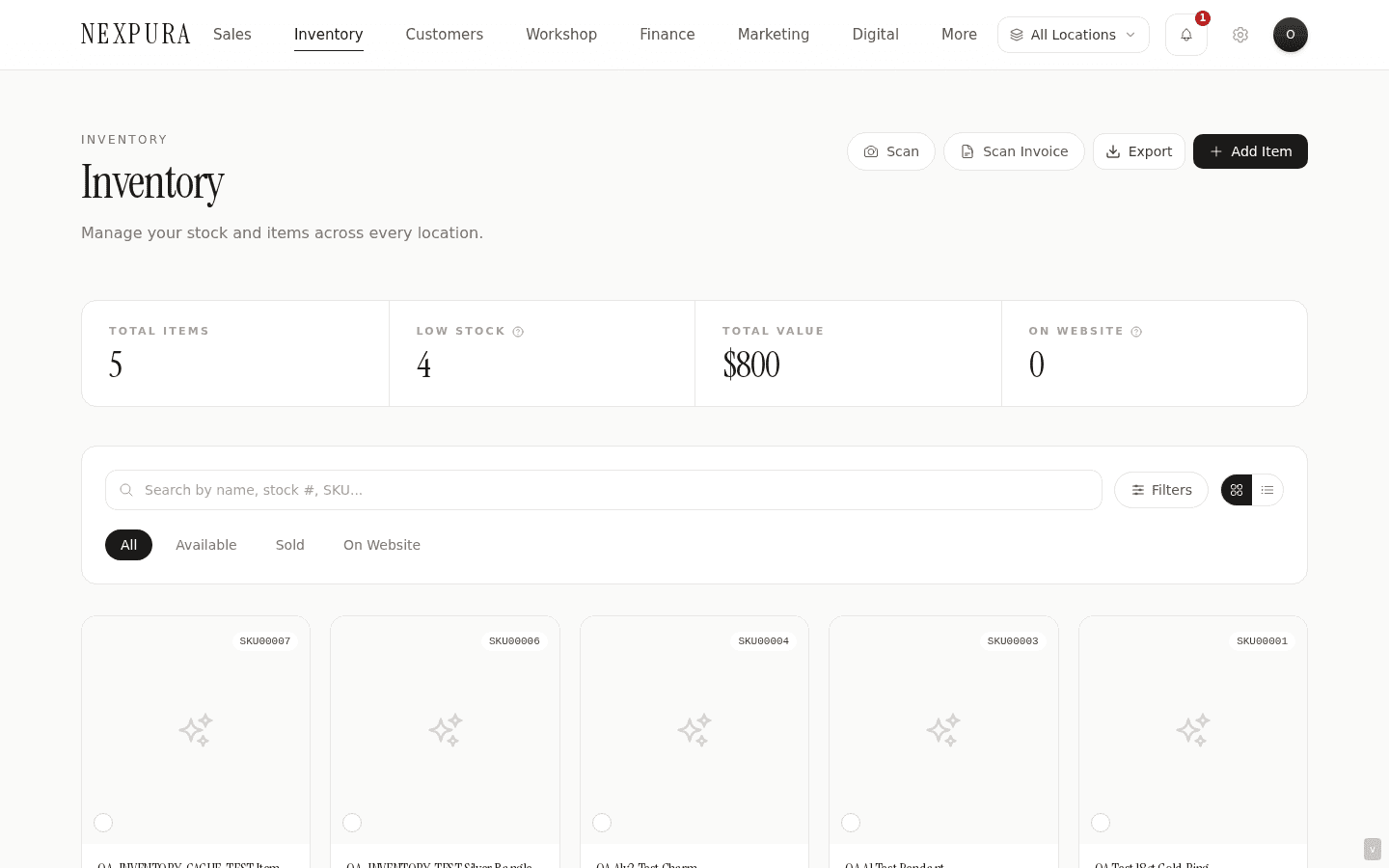 The /inventory list view. Each row is one item; the column strip shows name, SKU, stock number, quantity, retail price, location, and status.