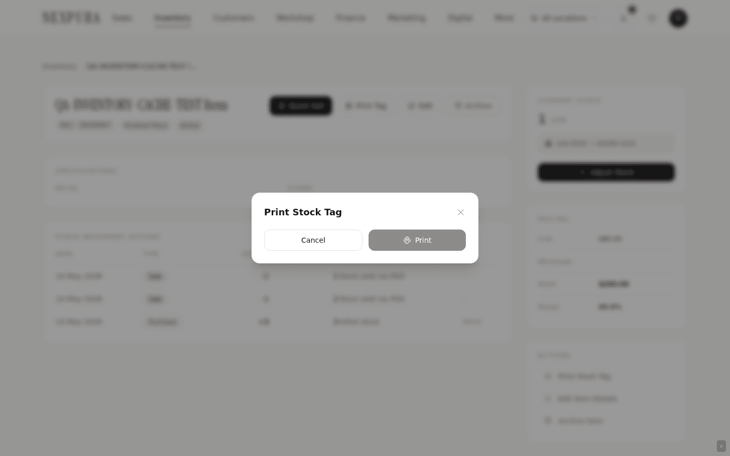 Print Tag modal with the template dropdown at the top, the live preview below showing the rendered tag at the template's mm dimensions, and Cancel/Print buttons at the bottom.