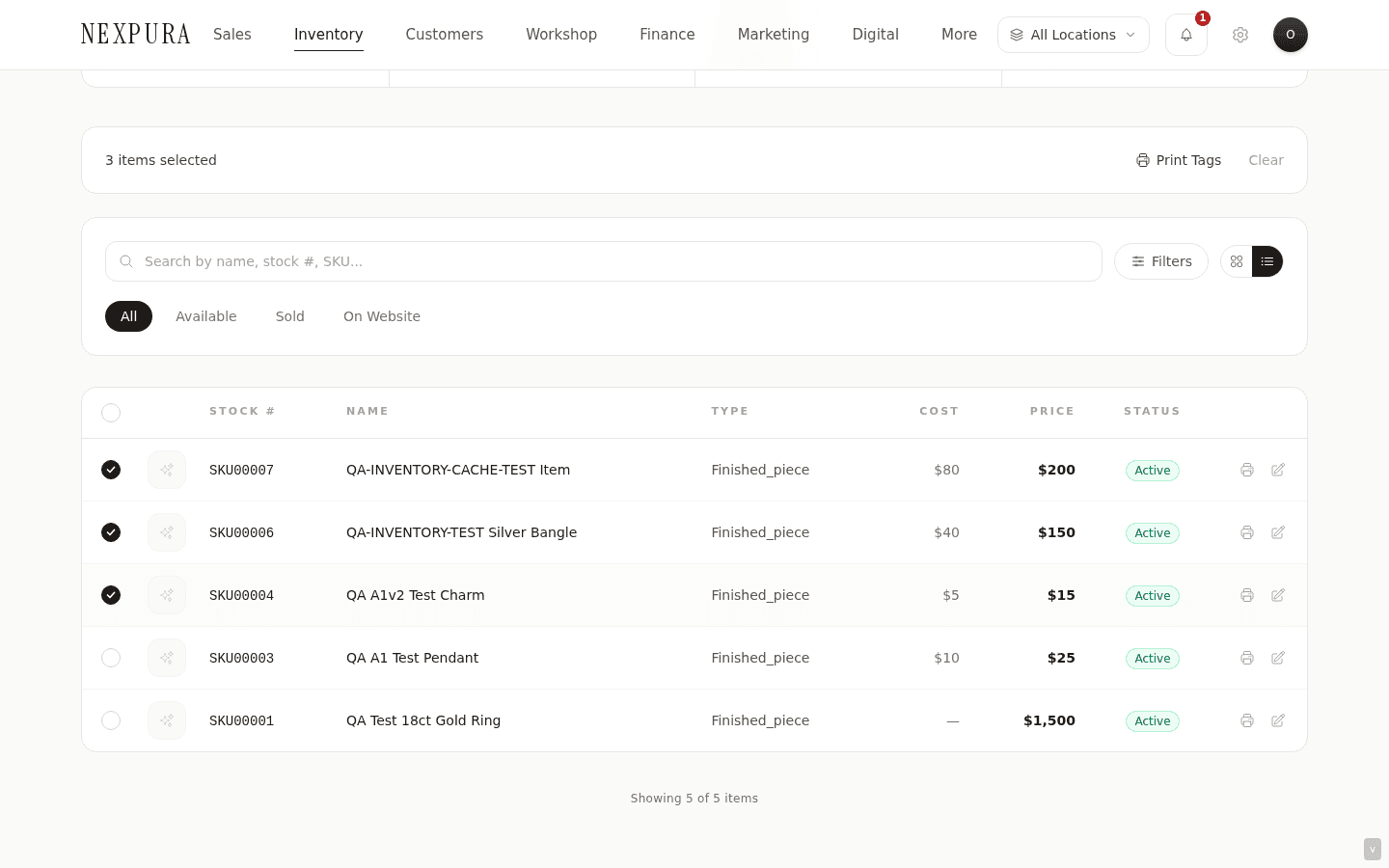 Inventory list with three rows ticked. The action bar above shows the selection count and the Print Tags button. The batch modal that opens is identical to the single-tag modal except the preview indicates total tags in the batch.