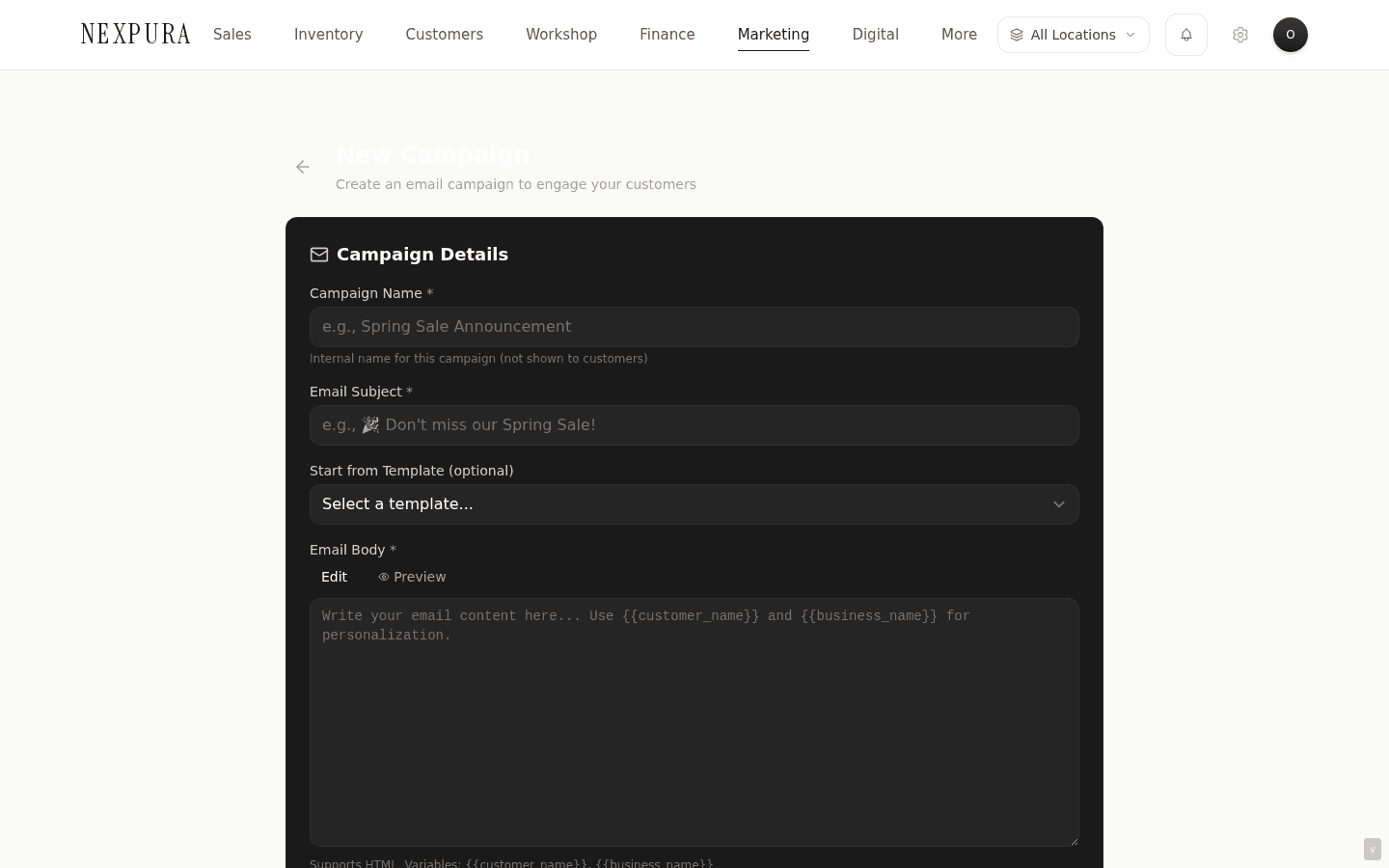 New Campaign form — H1 'New Campaign', fields for Name + Subject + Body + Template (dropdown) + Recipient type (radio + qualifier UI) + optional Schedule for later (date+time picker), Save as draft + Send now primary actions, plus a Schedule send action if a scheduled_at is set.