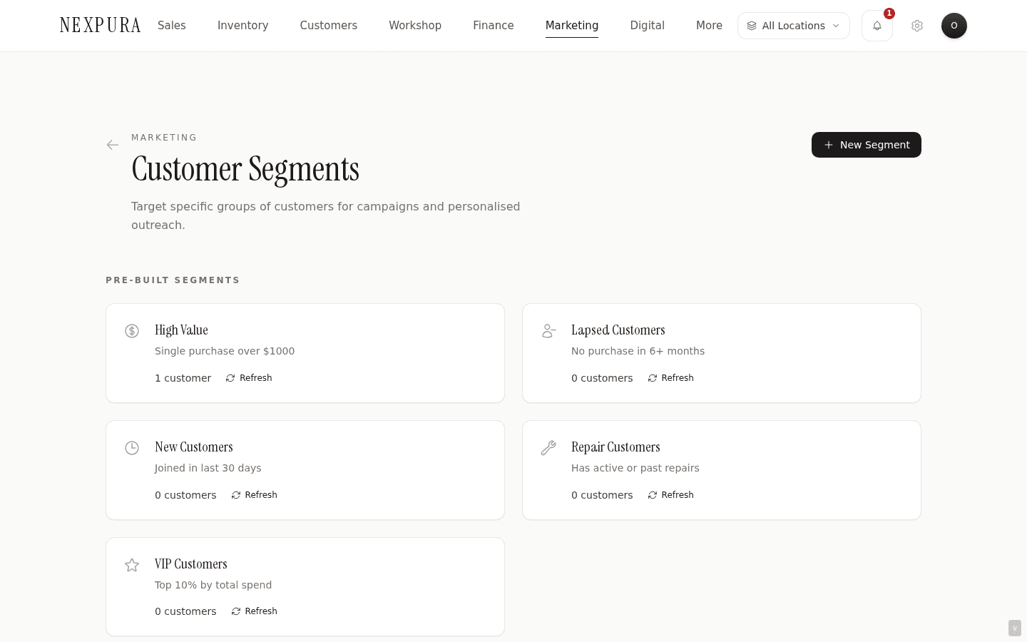 Customer Segments page — H1 'Customer Segments' with subtitle 'Target specific groups of customers for campaigns and personalised outreach', New Segment primary CTA, Pre-built Segments panel with cards (VIP, New, Lapsed, Active repairs, High value), Custom Segments panel below (empty-state OR cards if defined).