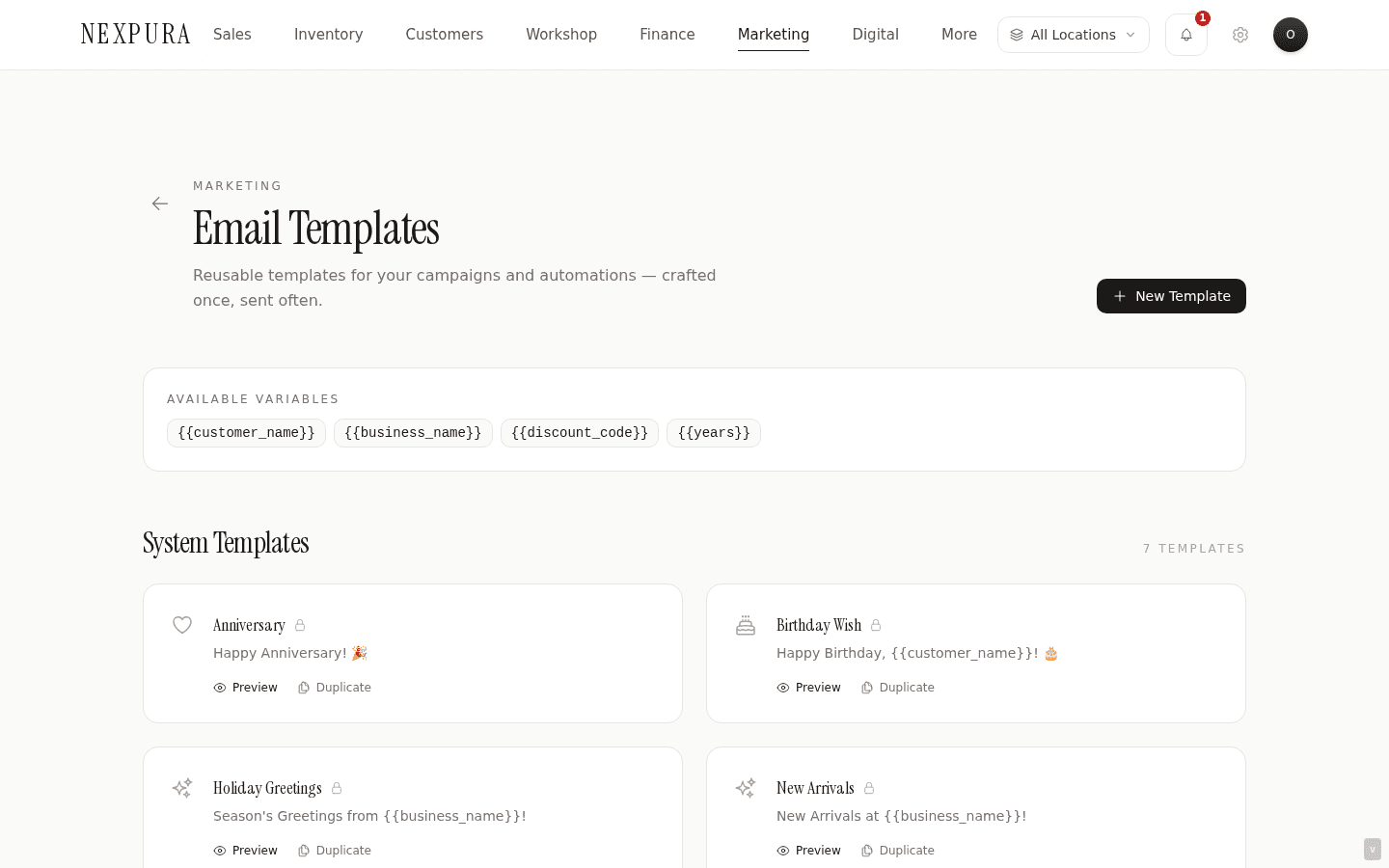 Email Templates page — H1 'Email Templates' with subtitle 'Reusable templates for your campaigns and automations — crafted once, sent often', New Template primary CTA, Available Variables panel with merge keys as chips, System Templates panel with locked cards, Custom Templates panel beneath (empty-state OR cards).