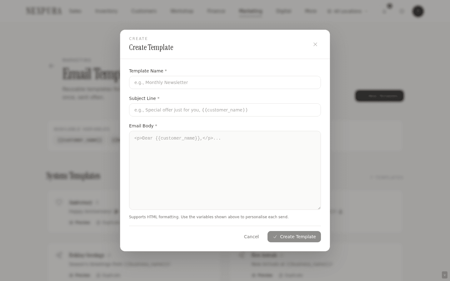 New Template modal — form fields for Name, Template type (dropdown), Subject, Body (multi-line textarea with monospace), preview pane on the right rendering the body with example variable substitutions. Save + Cancel actions at the bottom.