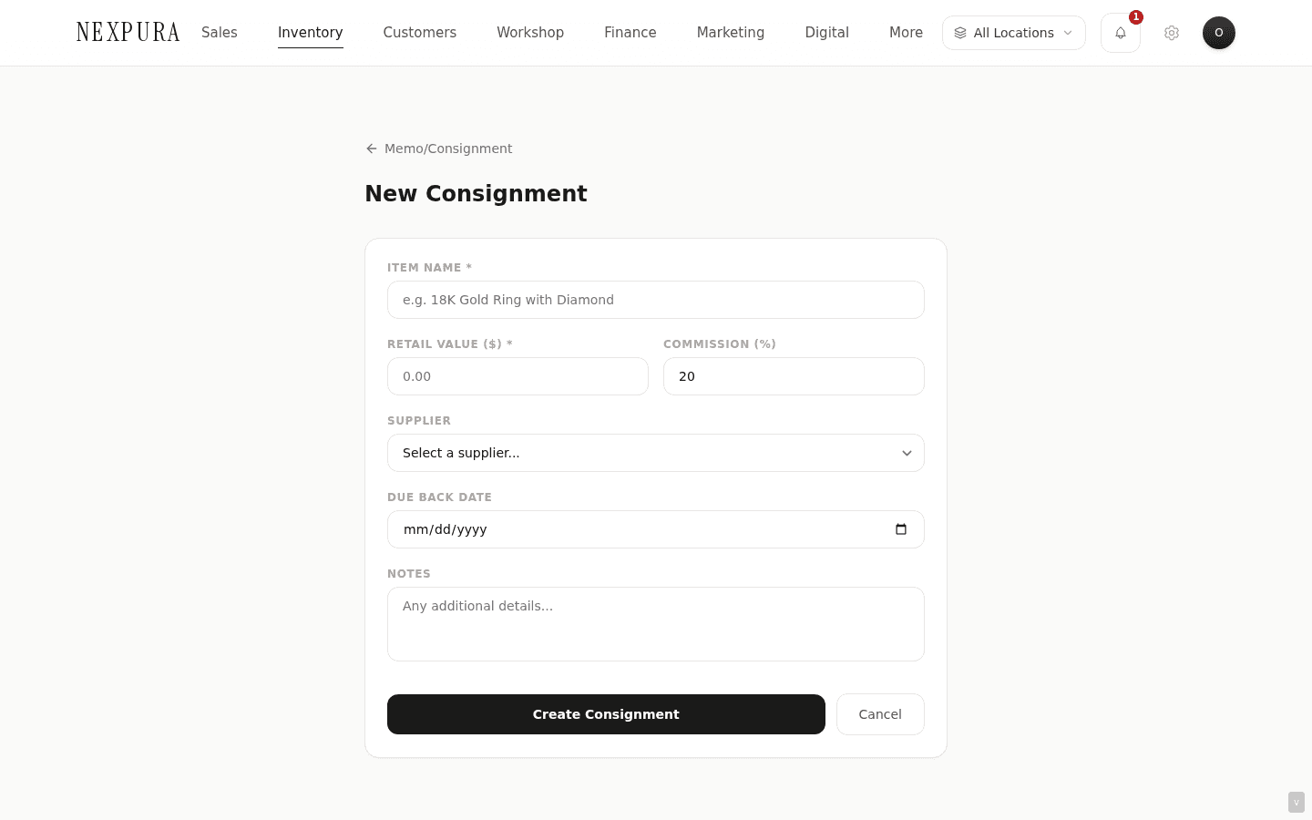 The /memo/new?type=consignment form filled in — item name, retail value, commission percentage, supplier dropdown selected, due-back date set, notes filled with the supplier reference number.
