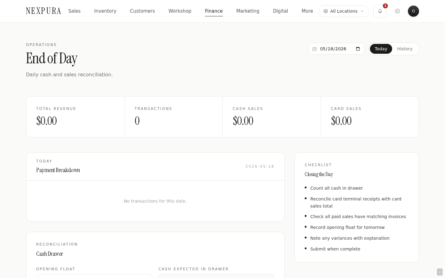 /eod Today tab — stat strip (Total Revenue, Transactions, Cash Sales, Card Sales), Payment Breakdown panel (per tender row + cash and card refund rows below + Net Revenue summary), Cash Drawer reconciliation form (Opening Float, Cash Expected, Cash Counted, Variance, Closing Float, Notes), Closing the Day checklist sidebar. Multi-location tenants see a location badge near the heading.