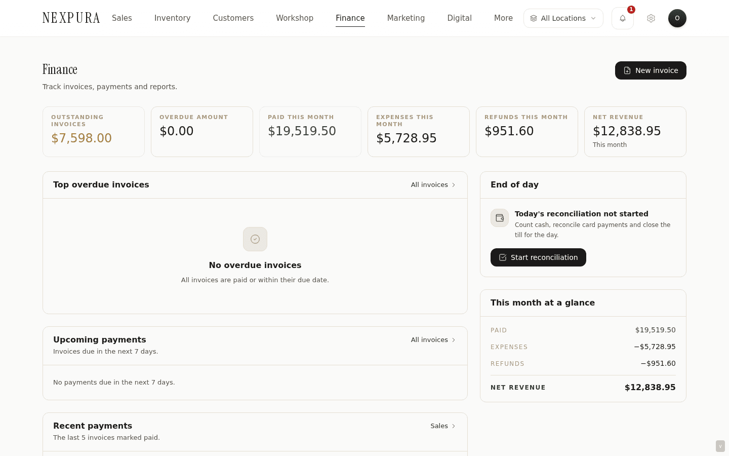 /financials hub — hub header with New invoice CTA, six-cell KPI strip with Outstanding / Overdue / Paid This Month / Expenses / Refunds / Net Revenue. Overdue rendered in oxblood when non-zero. Overview panel below with top 5 overdue invoices (oldest first), upcoming payments (next 7 days), recent payments, and the Reconciliation panel.