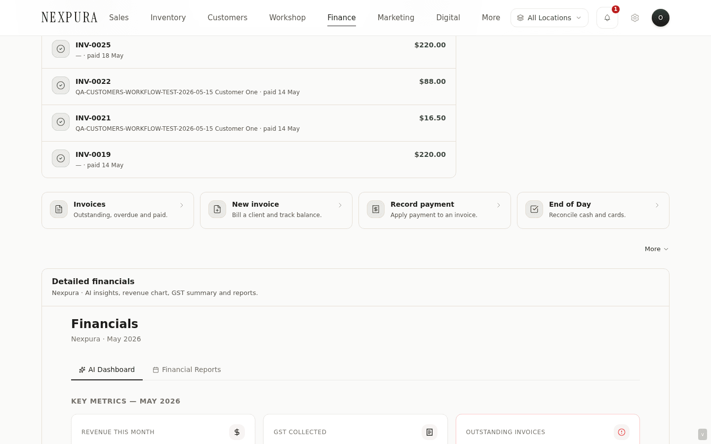 /financials embedded analytics — revenue chart (30 days, daily bars), GST quarterly breakdown table (Q1-Q4 revenue and GST), payment-method breakdown (cash / card / transfer / etc), AI insights panel on Atelier plan.