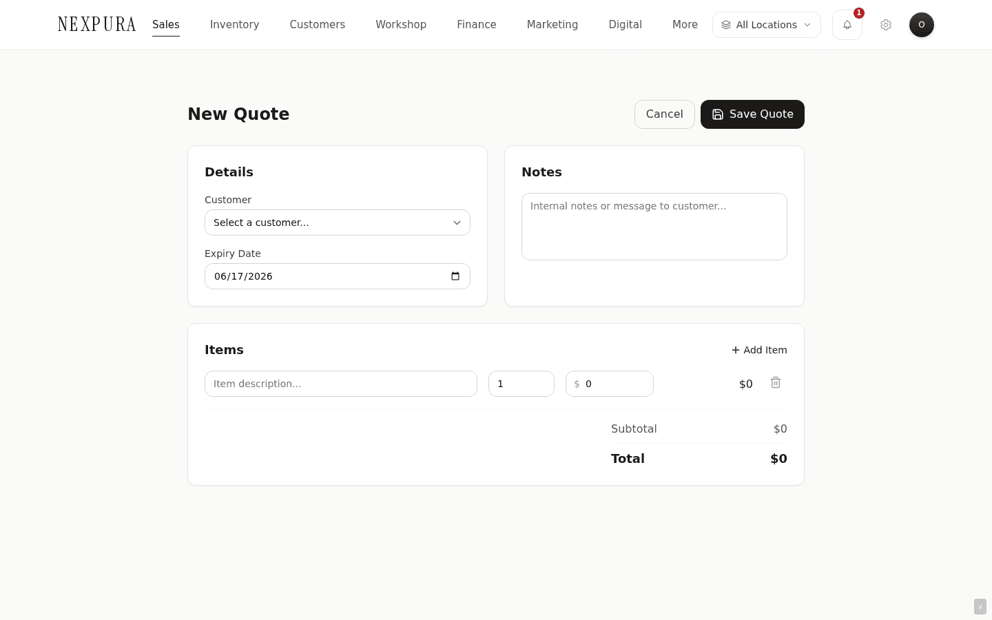 /quotes/new — Details card on the left with Customer dropdown and Expiry Date field (defaults to today plus 30 days), Notes card on the right, Items section below with one starter row (description / quantity / unit_price / line total / delete) and an Add Item button. Save Quote button top-right.