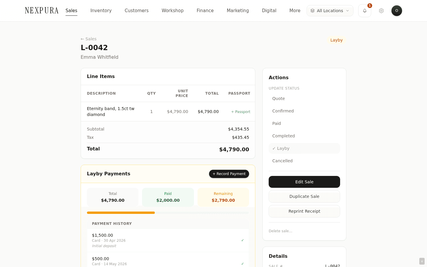 Layby detail page — sale number L-0042 in header, customer name Sarah M, $400 of $2,000 paid (20% progress bar in stone), payment history table with one row for the deposit, Record payment and Cancel layby buttons in the right rail.