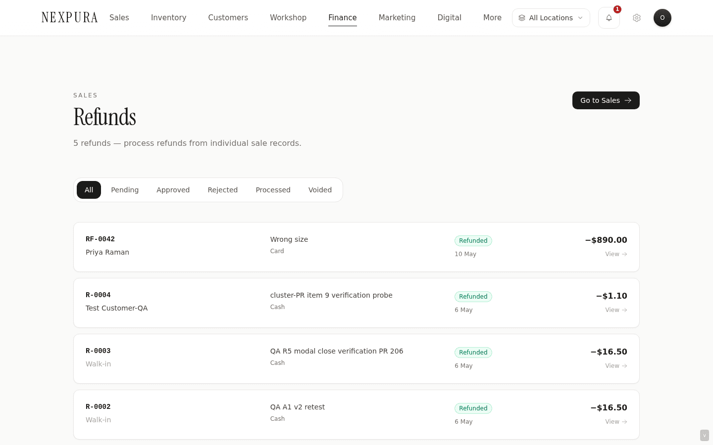 Refund detail page — refund number RF-0042 in the header, Processed badge in green-on-red, original sale link panel, refunded items table with Restocked column showing ✓ Yes, refund method and reason on the right rail.