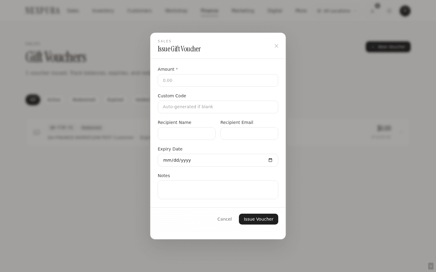 New voucher modal — Amount $200, Custom code blank (placeholder 'Auto-generated if blank'), Recipient Name 'Sarah M' + Email, Expiry Date 2026-12-31, Notes. Issue voucher and Cancel buttons in the footer.