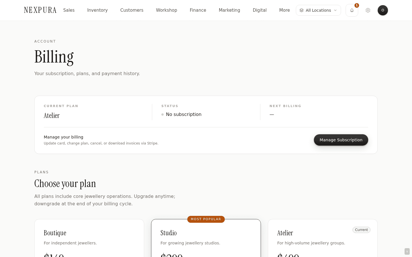Billing page main view — page header 'Billing' top-left with subtitle 'Your subscription, plans, and payment history.' Status card below with three columns separated by dividers: Current Plan (Studio in caps-tracked label, large serif), Status (amber dot + 'Free Trial' or green dot + 'Active'), and 'Trial Ends' or 'Next Billing' (date in en-AU format like '15 May 2026'). Below the status row: a Manage Subscription CTA with a black button if a Stripe customer exists, or a Subscribe-to-manage button if not.