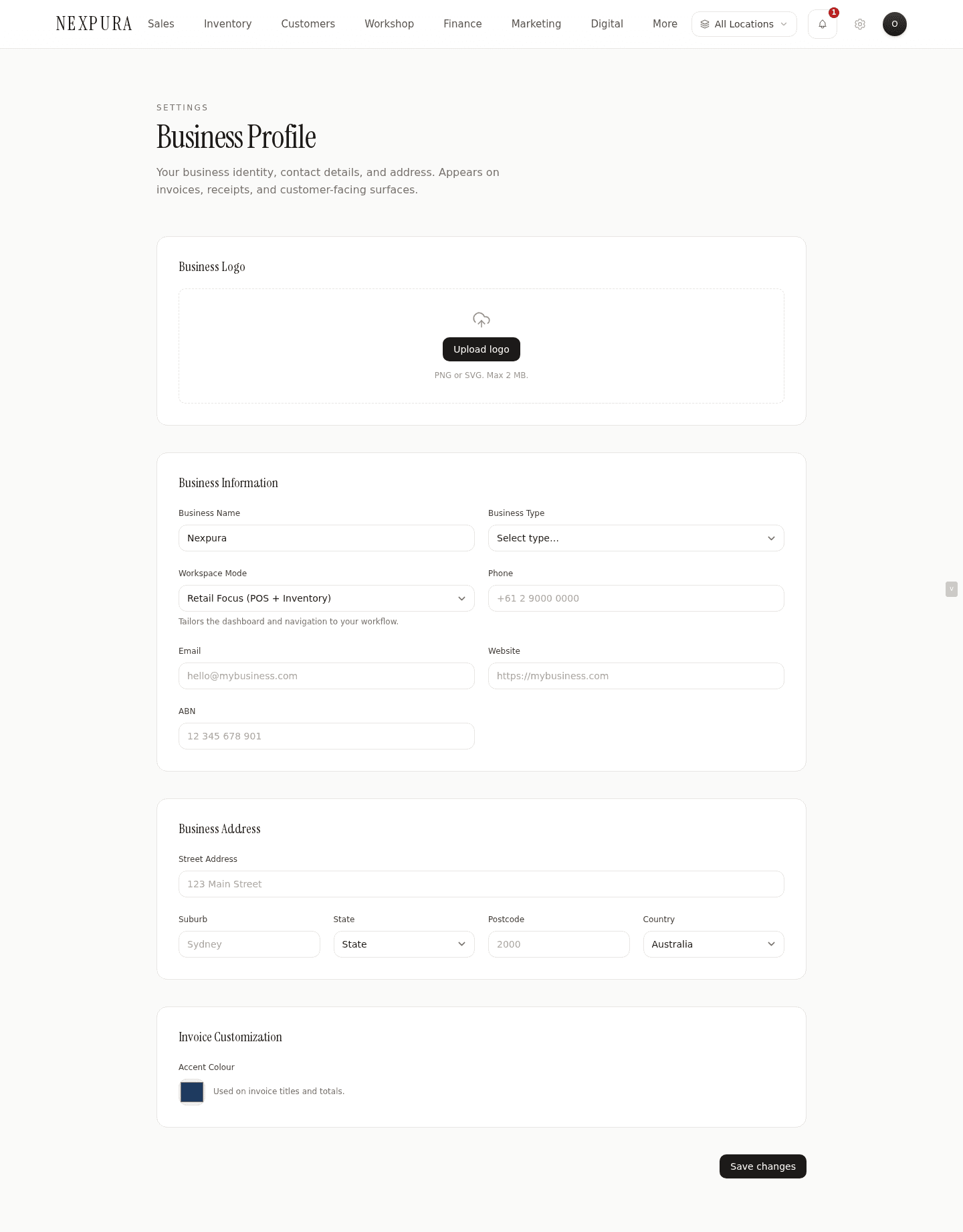 Business Profile page — left-aligned page header 'Business Profile' with subtitle 'Your business identity, contact details, and address. Appears on invoices, receipts, and customer-facing surfaces.' Below: the four stacked cards (Logo, Business Information with name/type/mode/phone/email/website/ABN, Business Address, Invoice Customisation with accent colour swatch). Save changes button bottom-right.