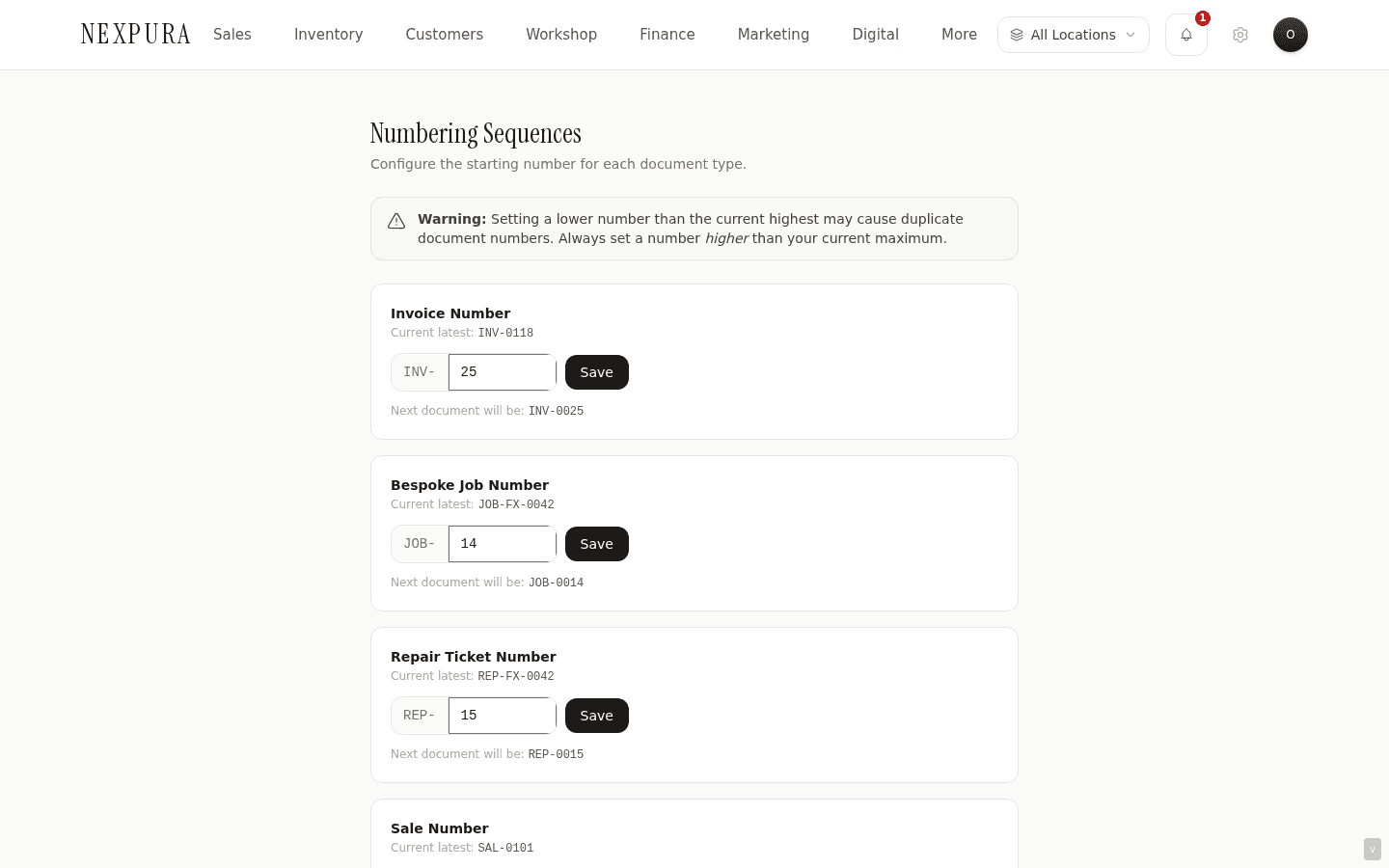 Document Numbering page — five stacked cards, each with: label (Invoice Number / Bespoke Job Number / Repair Ticket Number / Sale Number / Quote Number), current latest (e.g. 'INV-0012'), an input box with the prefix to the left and a number to the right, and a Save button. Below each: 'Next document will be: INV-0013' preview.