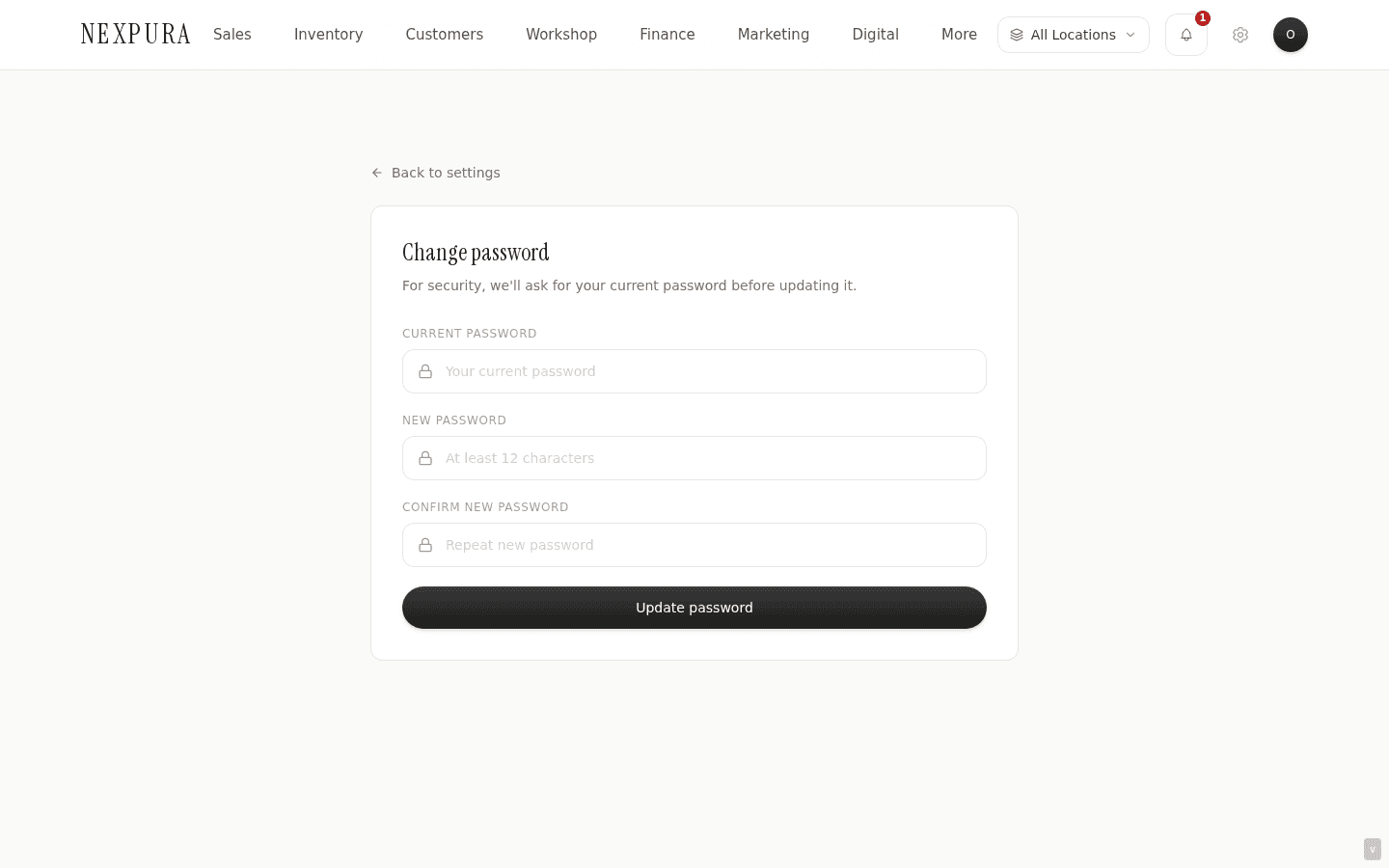 Change password page — back link 'Back to settings' top-left. Title 'Change password' with subtitle 'For security, we'll ask for your current password before updating it.' Three password fields stacked: Current password, New password (placeholder 'At least 12 characters'), Confirm new password. A full-width Update password button at the bottom; below it, helper messaging on error.