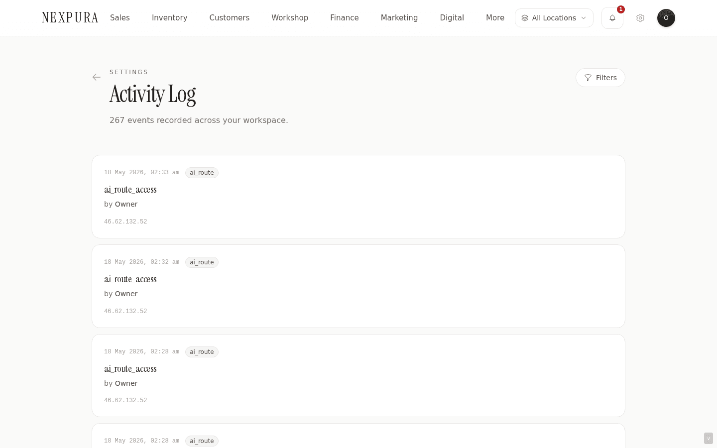 Activity log page — title 'Activity Log' top-left, filters row underneath (User dropdown, Entity type dropdown, From date, To date, Apply button). Below: paginated list of events. Each row: action label (e.g. 'settings_update' or 'manager_pin_reset'), actor (name + email), entity type and ID, timestamp ('2026-05-15 14:32'), expand affordance to view old-data / new-data diff. Pagination controls at the bottom showing event count.