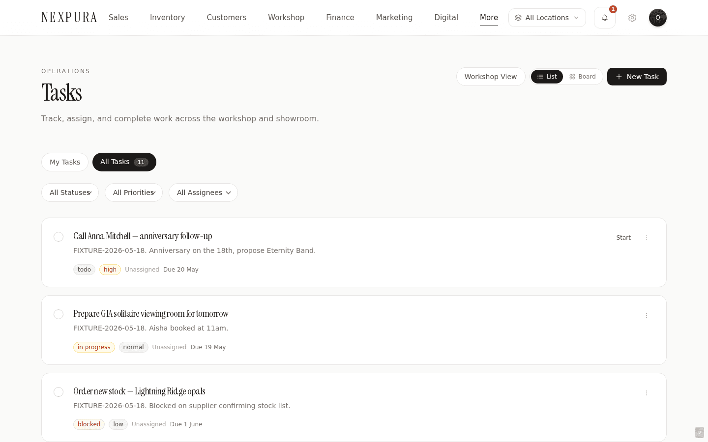 /tasks page — header H1 'Tasks' on the left, My tasks / All tasks tabs (All tasks only visible to owner/manager), an 'X overdue' chip in red if there's overdue work assigned to you, List/Kanban toggle and New Task button on the right. Filters row beneath. Task cards below in a stack — each card showing title, priority badge, status badge, assignee avatar, due date, and the linked-record chip if set.