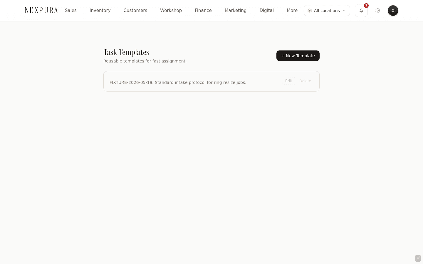 /settings/task-templates page — H1 'Task Templates' with subtitle 'Reusable templates for fast assignment.' Top-right: a + New Template button. Below: template cards in a stack. Each card shows the title in bold, the department chip (small grey rounded rectangle, e.g. 'Workshop') and the priority chip (low/medium/high/urgent with colour) inline with the title, the description truncated to two lines beneath, and Edit / Delete buttons on the right of the card visible to owner/manager.