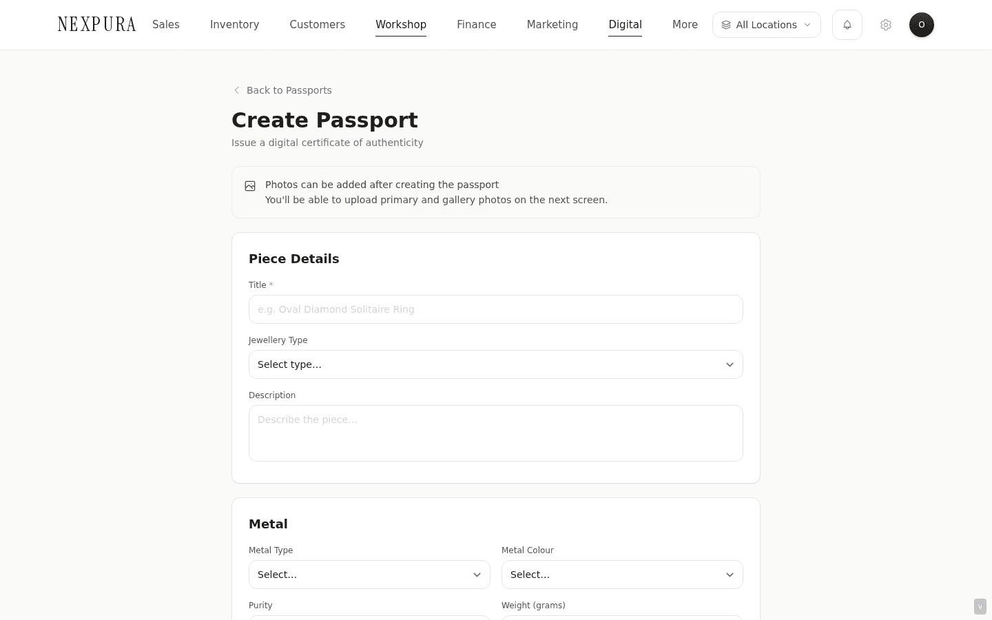 /passports/new — page header 'Create Passport', a stone-tinted note 'Photos can be added after creating the passport', and the Piece Details card with Title + Jewellery Type + Description fields.