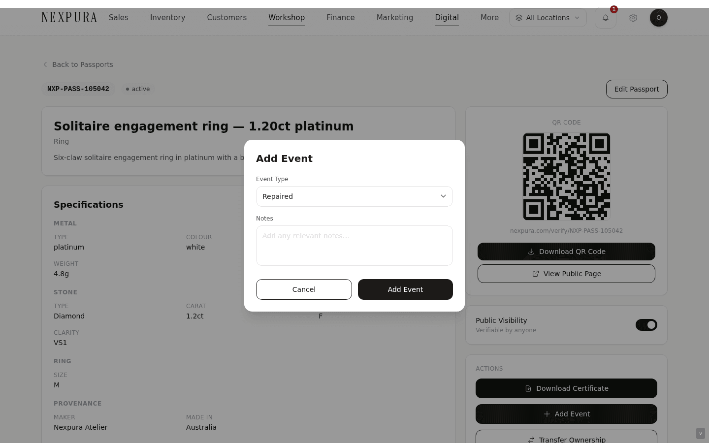 Add Event modal — title 'Add Event', Event Type dropdown showing Repaired / Serviced / Resized / Stone Replaced / Authenticated / Insured / Reported Lost / Reported Stolen / Recovered, Notes textarea, Cancel + Add Event buttons.