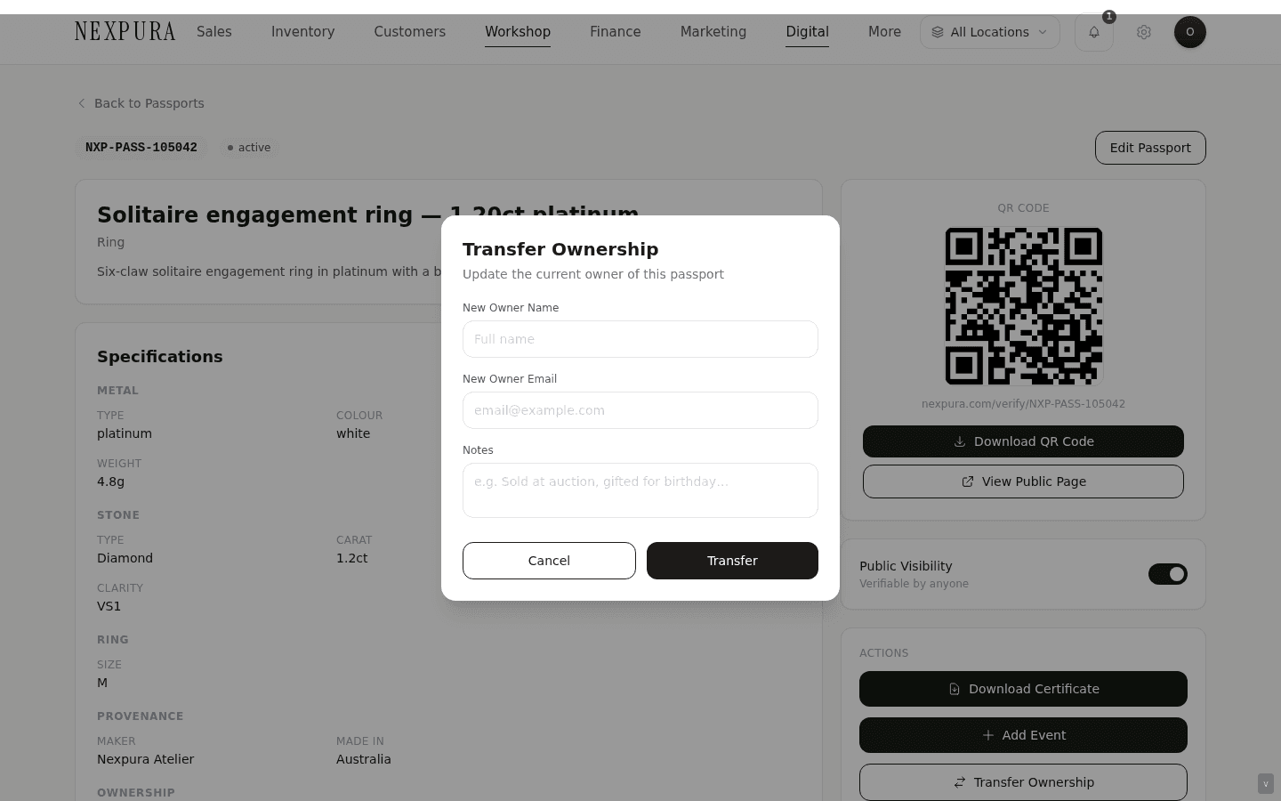 Transfer Ownership modal — title 'Transfer Ownership', subtitle 'Update the current owner of this passport', New Owner Name input, New Owner Email input, Notes textarea with placeholder 'e.g. Sold at auction, gifted for birthday…', Cancel + Transfer buttons.