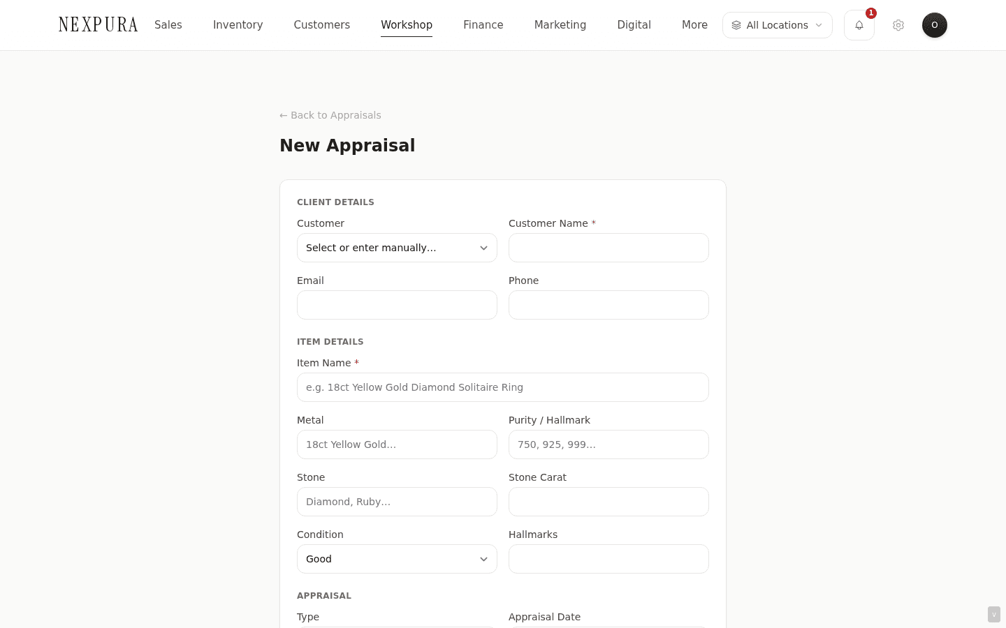 New Appraisal form — customer dropdown showing the picked customer, item-name field 'Engagement ring', type Insurance, fee $150, appraisal-date and valid-until set six months apart.