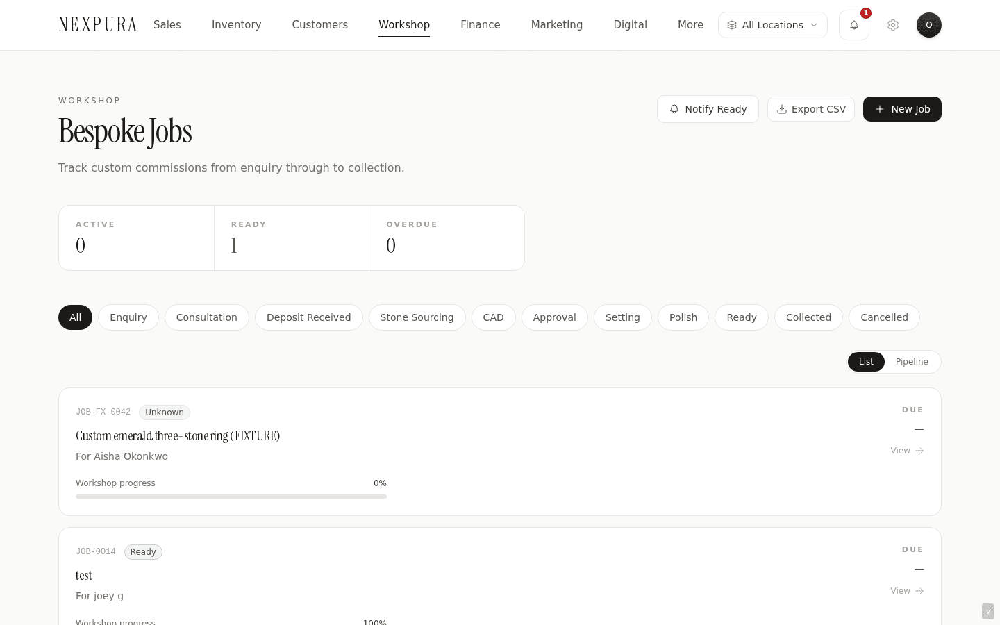Bespoke list view with the Enquiry kanban column highlighted — two cards visible with customer names, short titles, and small reference-image thumbnails.
