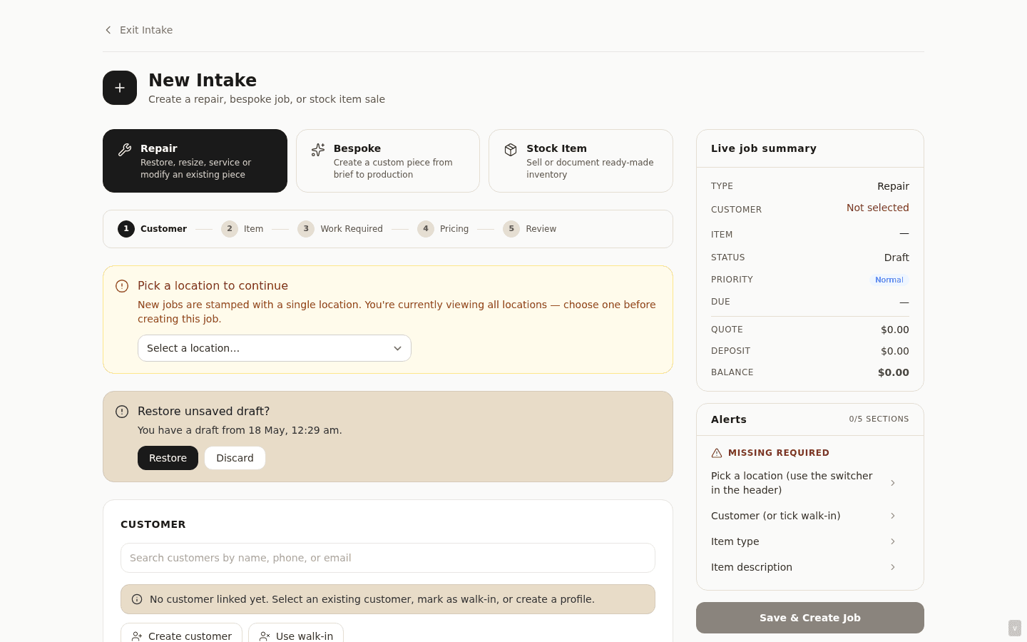 Intake workspace landing — segmented selector at top with three tiles (Repair / Bespoke / Stock sale), Repair selected, customer picker beneath it, item-type and description fields below.