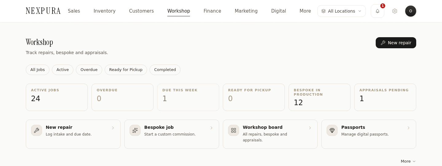 Workshop hub landing — header with 'New repair' CTA, status pill row with the Overdue pill badged in oxblood, the KPI strip showing all six tiles, and the quick-action grid below.