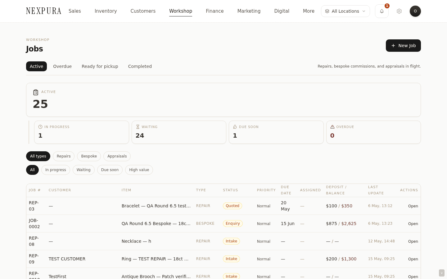 Workshop jobs board — the unified list with type pills (Repair / Bespoke), status filter set to Active, due-date column highlighted with two overdue rows in oxblood.