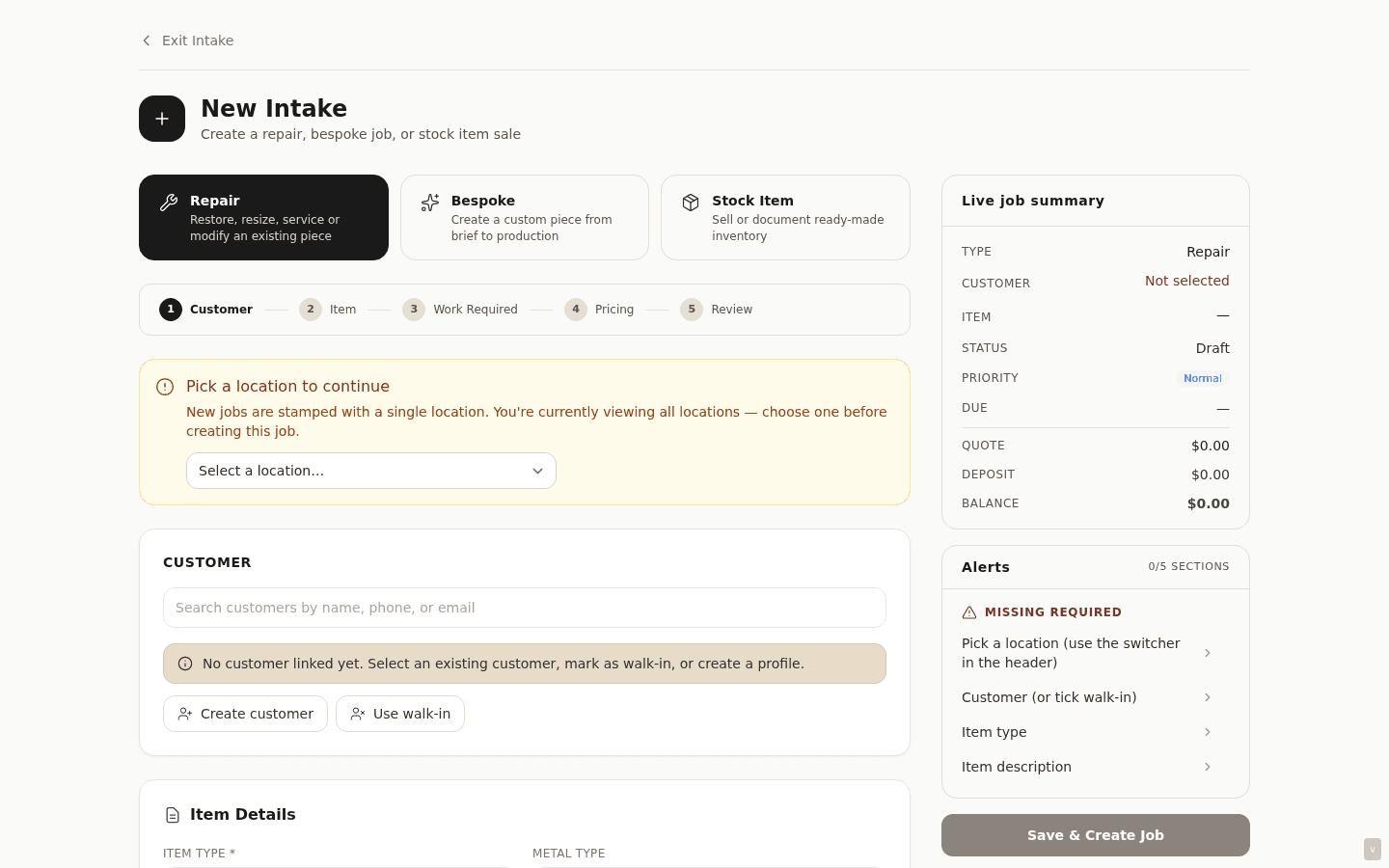 Intake screen with the Repair tab active — customer attached, item type 'Ring', work description filled in, intake photo just attached, deposit field showing $50, Save button enabled.