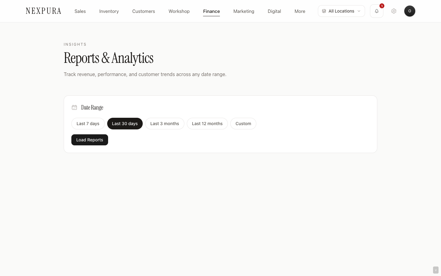 Nexpura Analytics — sales by category, workshop throughput, and outstanding balances